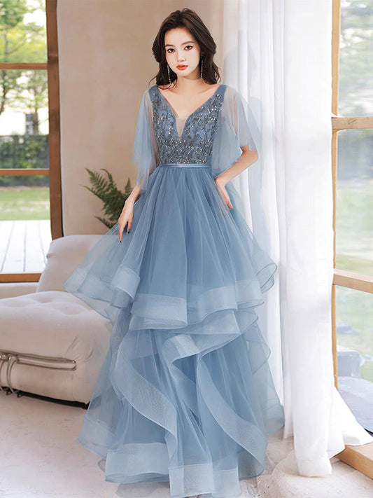 Blue V-Neck Tulle Sequin Long Prom Dress Blue Long Formal Dress