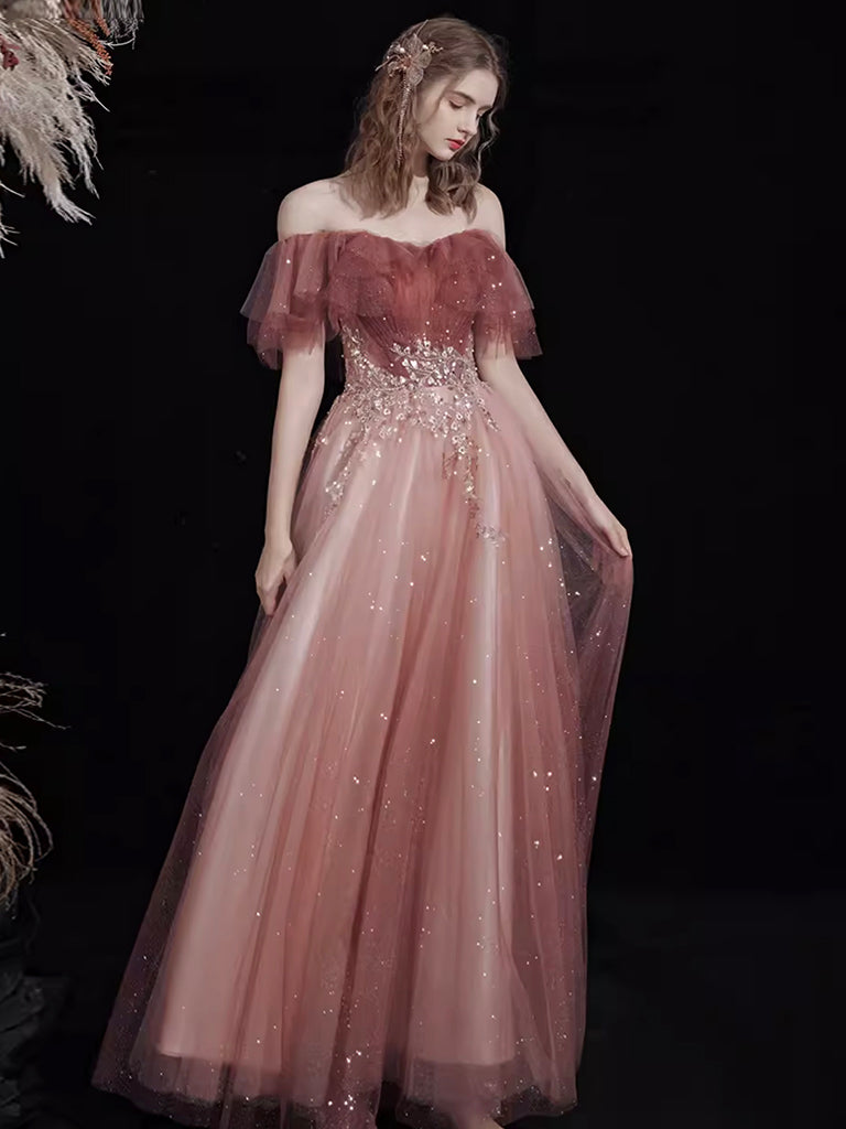 A-Line Off-Shoulder Tulle Lace Burgundy Long Prom Dress Lace Long Formal Dress