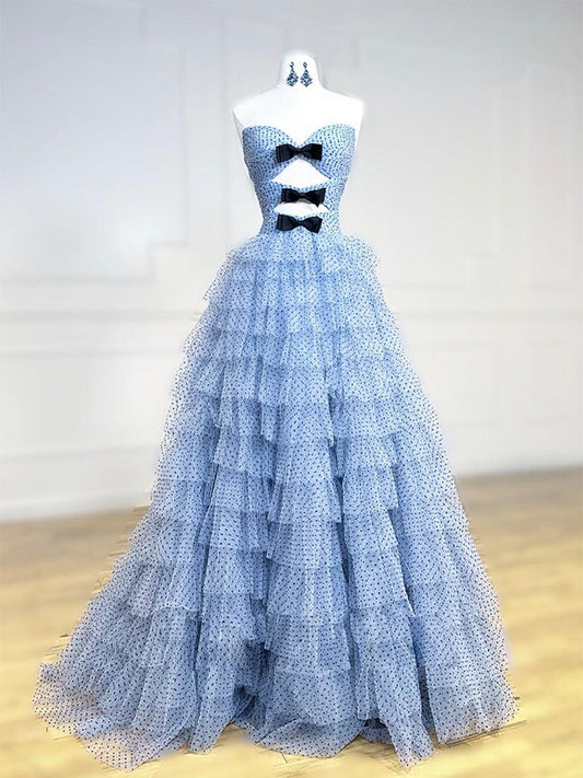 Unique Sweetheart Neck Tulle Blue Long Prom Dress Blue Tulle Long Formal Dress