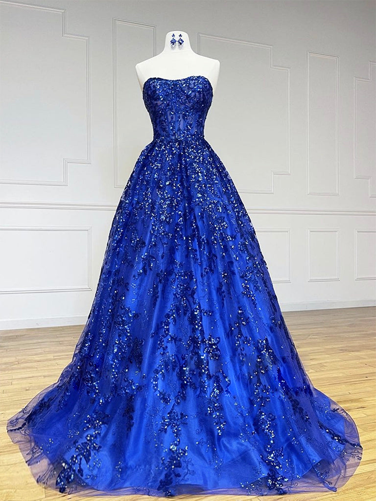 A-Line Sweetheart Neck Tulle Sequin Blue Long Prom Dress Blue Long Formal Dress