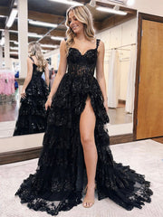 A-Line Sweetheart Neck Tulle Sequin Lace Black Long Prom Dress