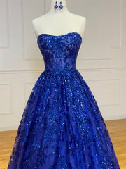 A-Line Sweetheart Neck Tulle Sequin Blue Long Prom Dress Blue Long Formal Dress