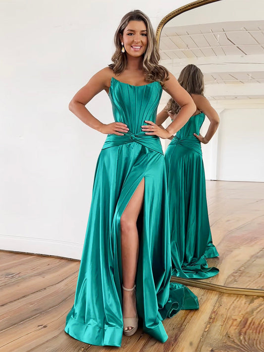 Simple A-Line Satin Green Long Prom Dress Green Long Formal Dress