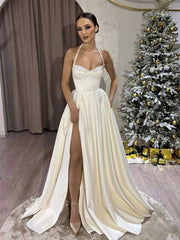 A-Line Sweetheart Neck Satin Beaded Beige Long Prom Dress Beige Long Evening Dress