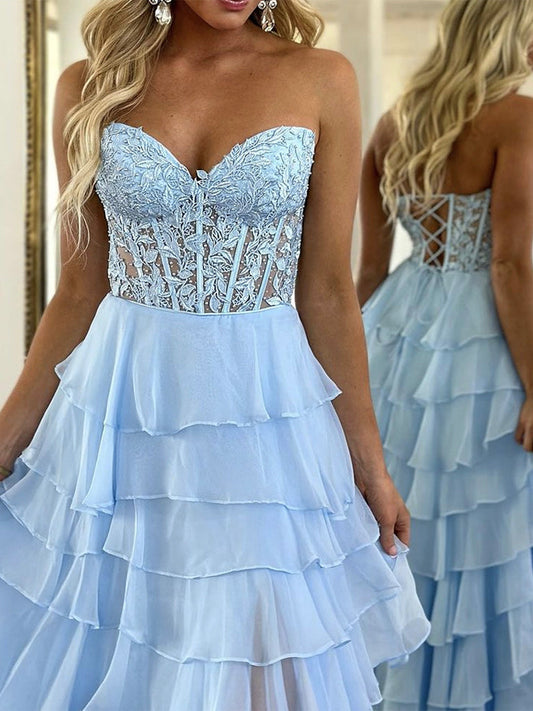 A-Line Sweetheart Neck Lace Chiffon Blue Long Prom Dress Blue Lace Long Formal Dress