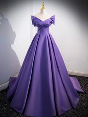 Simple Off-Shoulder Satin Purple Long Prom Dress Purple Long Evening Dress