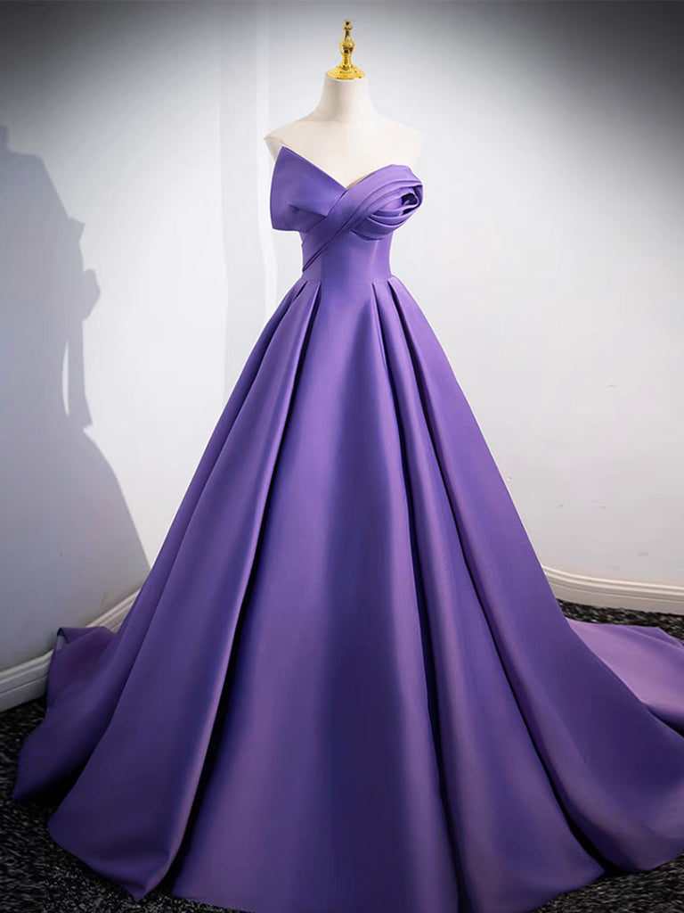 Simple Off-Shoulder Satin Purple Long Prom Dress Purple Long Evening Dress