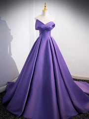 Simple Off-Shoulder Satin Purple Long Prom Dress Purple Long Evening Dress