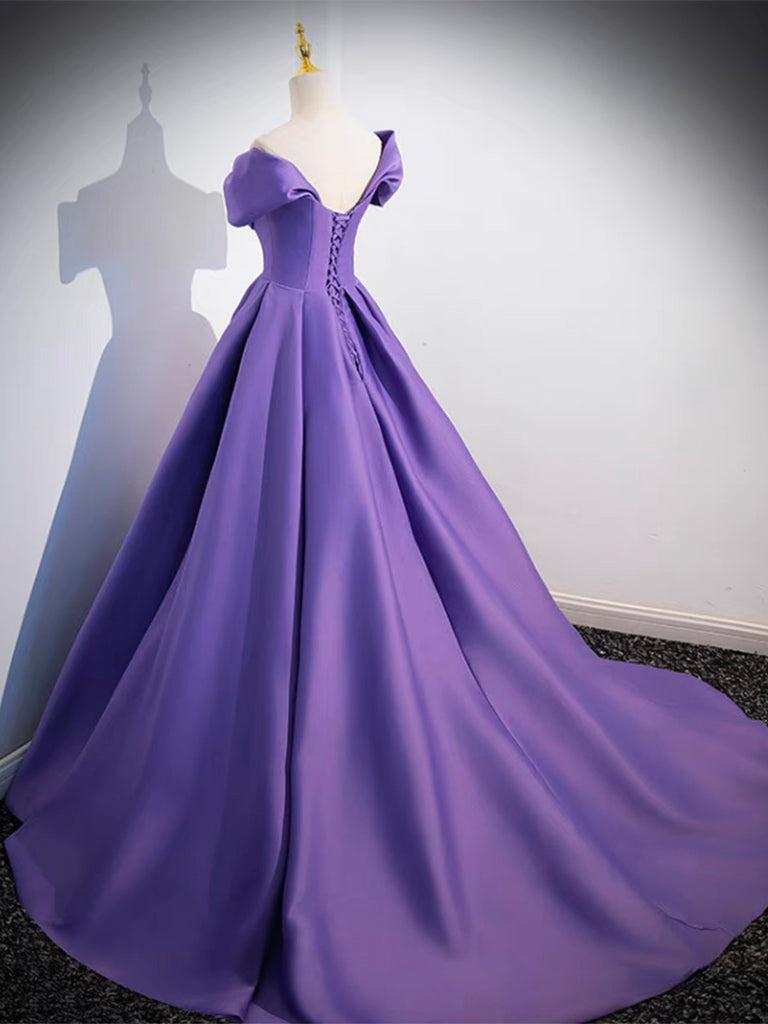 Simple Off-Shoulder Satin Purple Long Prom Dress Purple Long Evening Dress