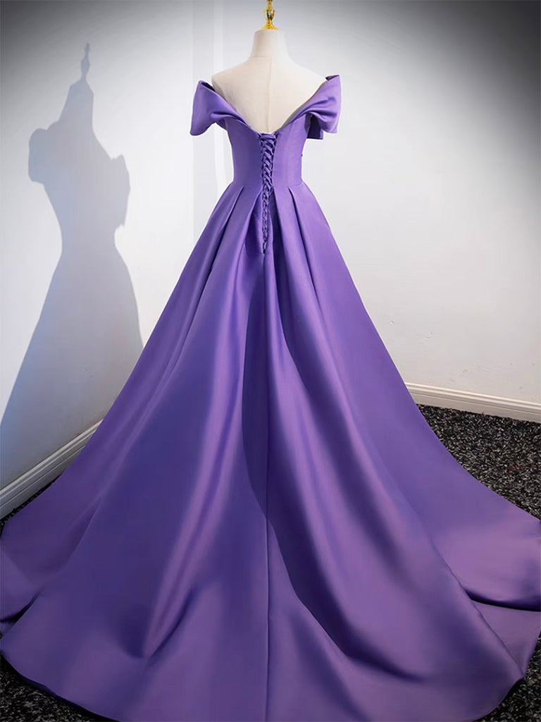 Simple Off-Shoulder Satin Purple Long Prom Dress Purple Long Evening Dress