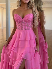 A-Line Sweetheart Neck Lace Chiffon Pink Long Prom Dress Pink Lace Long Formal Dress