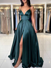 A-Line V-Neck Dark Green Satin Long Prom Dress Dark Green Evening Dress