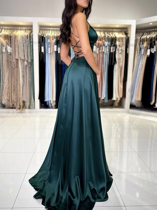 A-Line V-Neck Dark Green Satin Long Prom Dress Dark Green Evening Dress