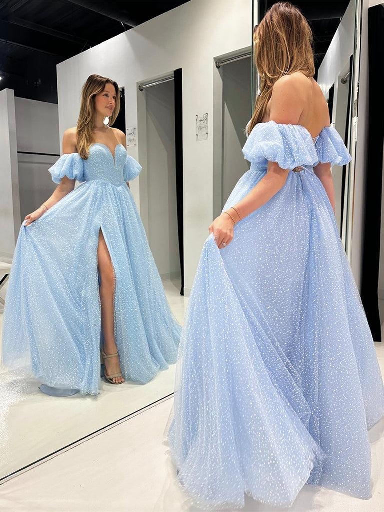 A-Line Sweetheart Neck Tulle Long Prom Dress Blue Long Formal Dress