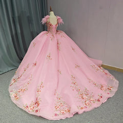 Rushed Romantic Pink Quinceanera Dress V Neck Appliques Organza Pattern Spaghetti Straps Ball Gown Dress