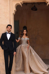 Luxury Off the shoulder Wedding Dress Beaded Mermaid Bridal Gown with Panel Train