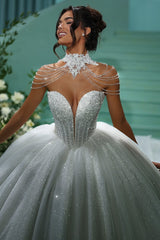 Glitter Tulle Wedding Dress Sweetheart Ball Gown Beaded Bridal Gown