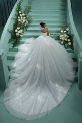 Glitter Tulle Wedding Dress Sweetheart Ball Gown Beaded Bridal Gown