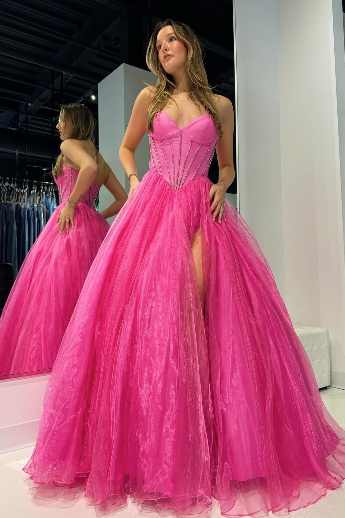 Strapless Delicate Beaded  Ball Gown with Split Design in Hot Girly Pink