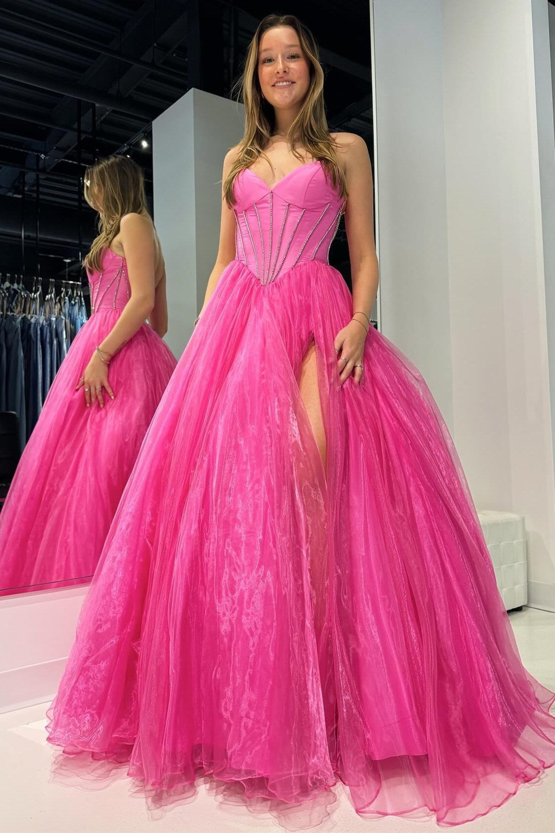 Strapless Delicate Beaded  Ball Gown with Split Design in Hot Girly Pink