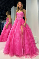 Strapless Delicate Beaded  Ball Gown with Split Design in Hot Girly Pink