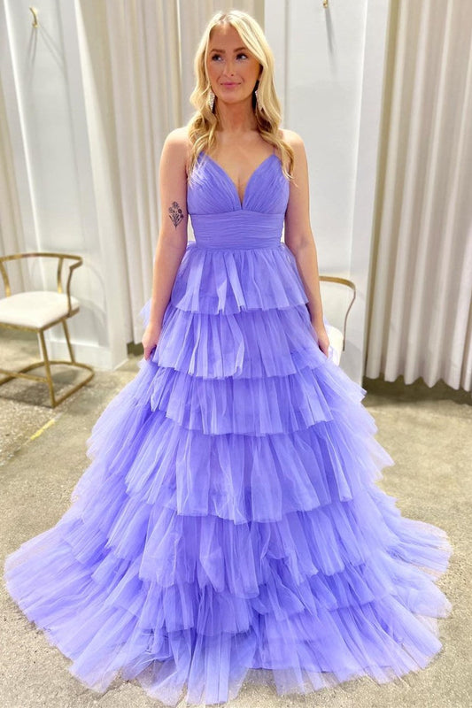 Lavender Sexy V-Neck Ruffle Tiered Long Prom Gown