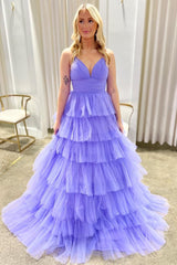 Lavender Sexy V-Neck Ruffle Tiered Long Prom Gown