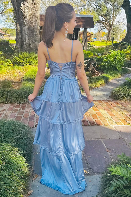 Periwinkle Sexy Corset Multi-Layer Ruffle Long Prom Dress