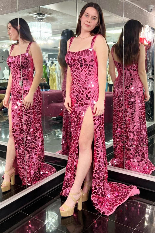 Cut Glass Mirror Long Elegant Prom Dress with Split Design in Girly Pink