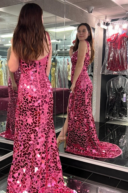 Cut Glass Mirror Long Elegant Prom Dress with Split Design in Girly Pink