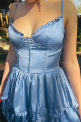 Periwinkle Sexy Corset Multi-Layer Ruffle Long Prom Dress