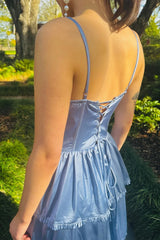 Periwinkle Sexy Corset Multi-Layer Ruffle Long Prom Dress