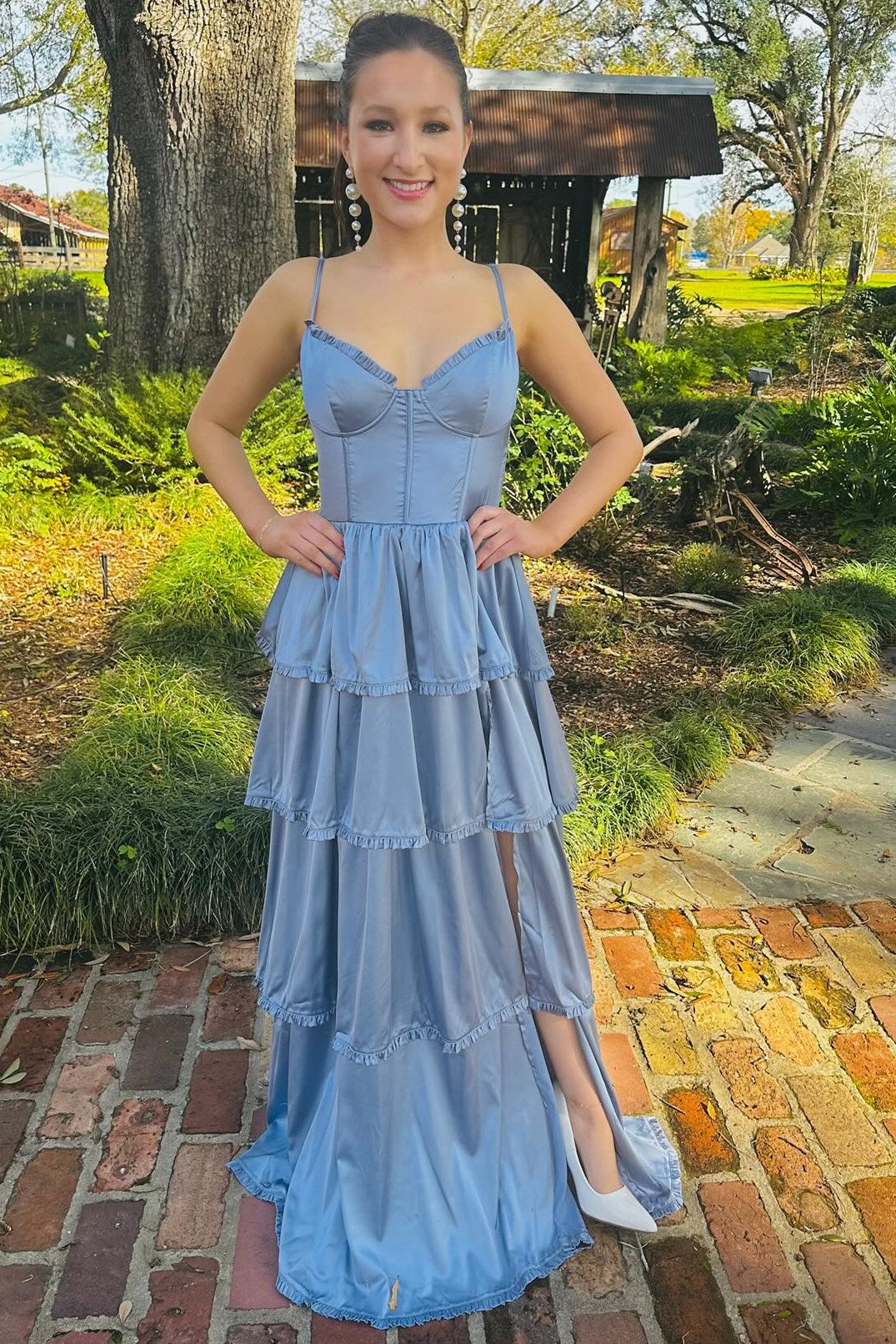 Periwinkle Sexy Corset Multi-Layer Ruffle Long Prom Dress