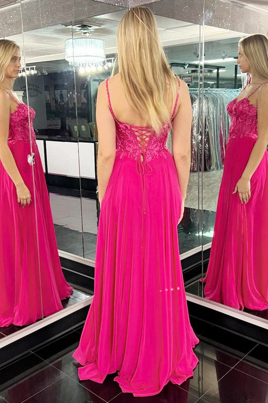 Magenta Delicate Appliques Chic Sweetheart Collar A-Line Long Elegant Prom Dress with Split Design