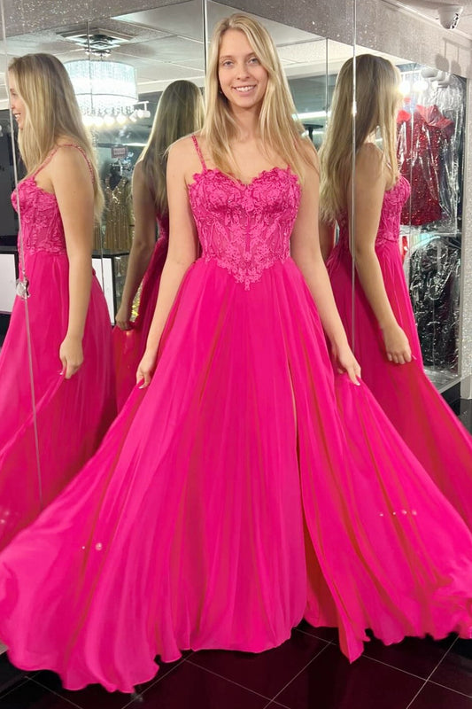 Magenta Delicate Appliques Chic Sweetheart Collar A-Line Long Elegant Prom Dress with Split Design