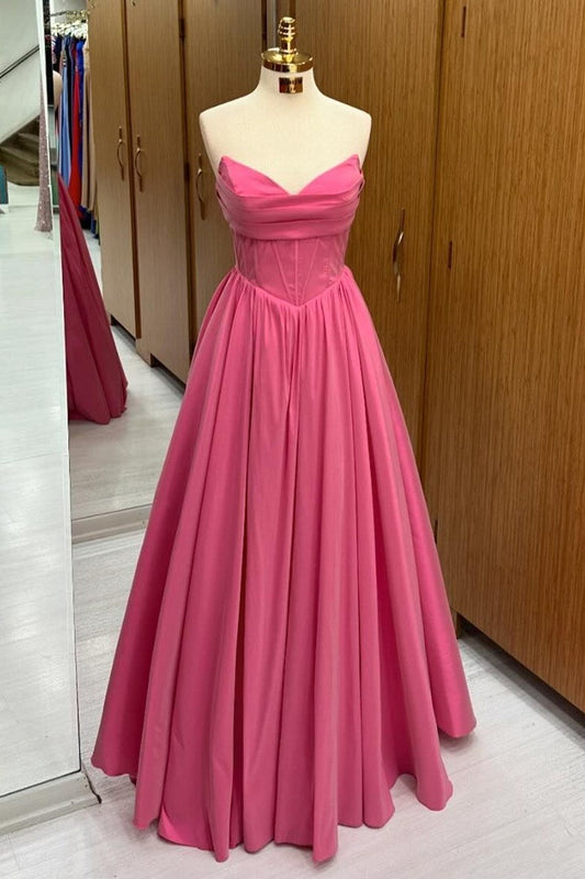 Hot Girly Pink Strapless Lace-Up A-Line Long Formal Dress