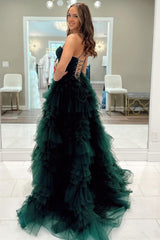 Emerald Chic Sweetheart Collar Lace-Up Ruffle Prom Gown with Split Design