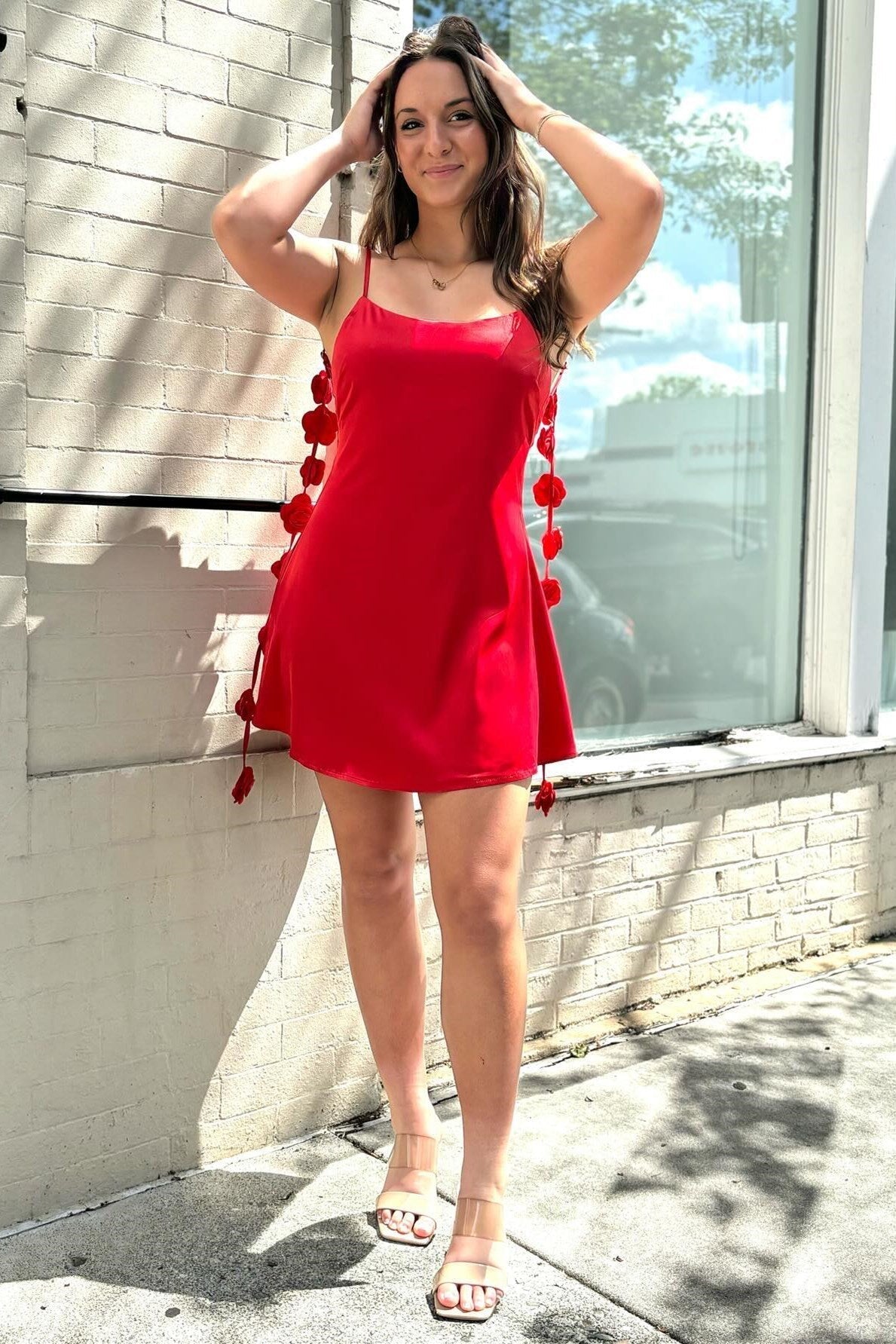 red backless sexy style short dress with rosette embellished straps