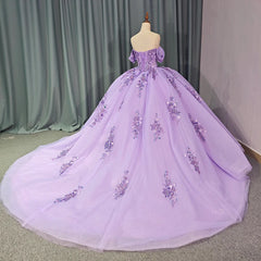 Quinceanera Dress Party Gown Purple Lace Appliques Beaded Off The Shoulder For 16 Year Ball Gown Dress