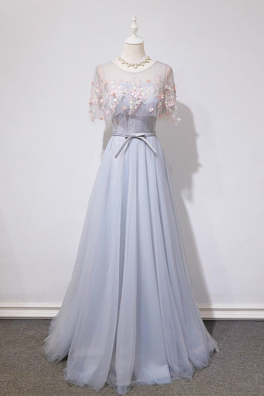 Gray Tulle Lace Long Prom Dress Gray Lace Evening Dress