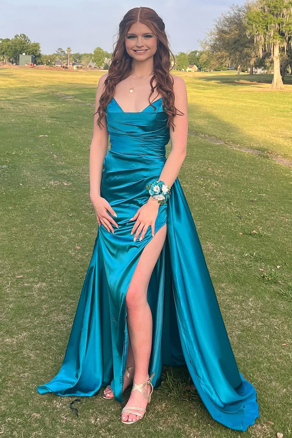 Peacock Green Sheath Sweetheart Long Prom Dress with Split Front