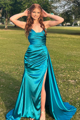 Peacock Green Sheath Sweetheart Long Prom Dress with Split Front