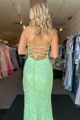 Halter Lace-Up Back Sequin Prom Dress With Slit