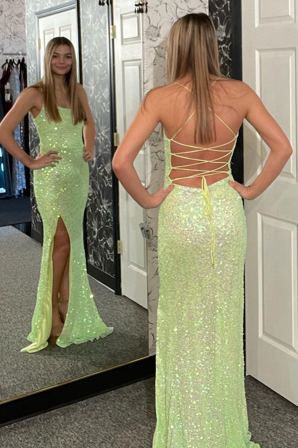 Halter Lace-Up Back Sequin Prom Dress With Slit