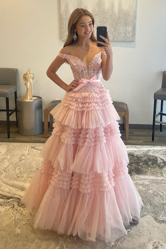 Princess A Line Off the Shoulder Light Girly Pink Long Elegant Prom Dress with Ruffles