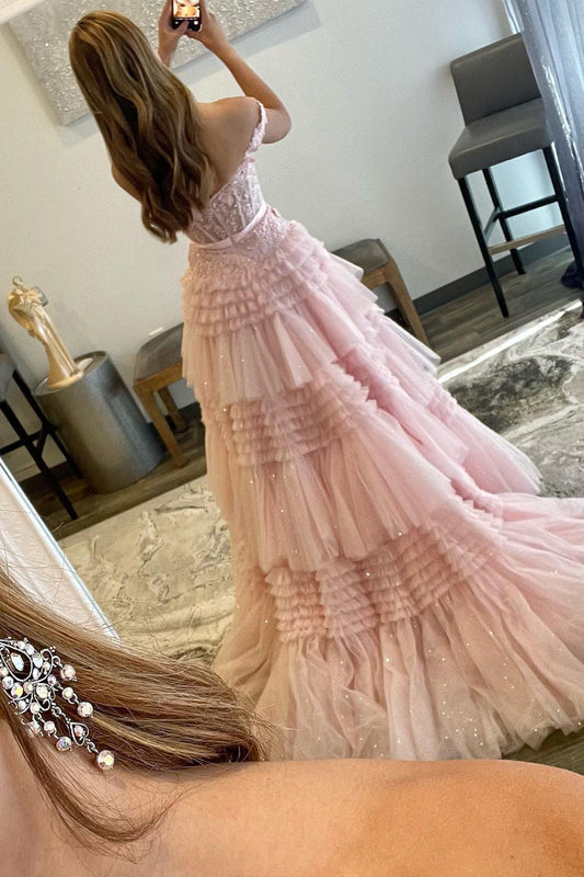 Princess A Line Off the Shoulder Light Girly Pink Long Elegant Prom Dress with Ruffles