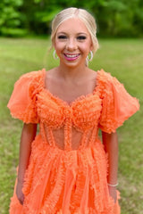 A Line Off the Shoulder Red Tulle Corset Prom Dress with Bowknot