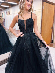 Tatum Dressystars  Glamorous Black Tulle Material Spaghetti Straps A Line Elegant Prom Dress with Delicate Appliques