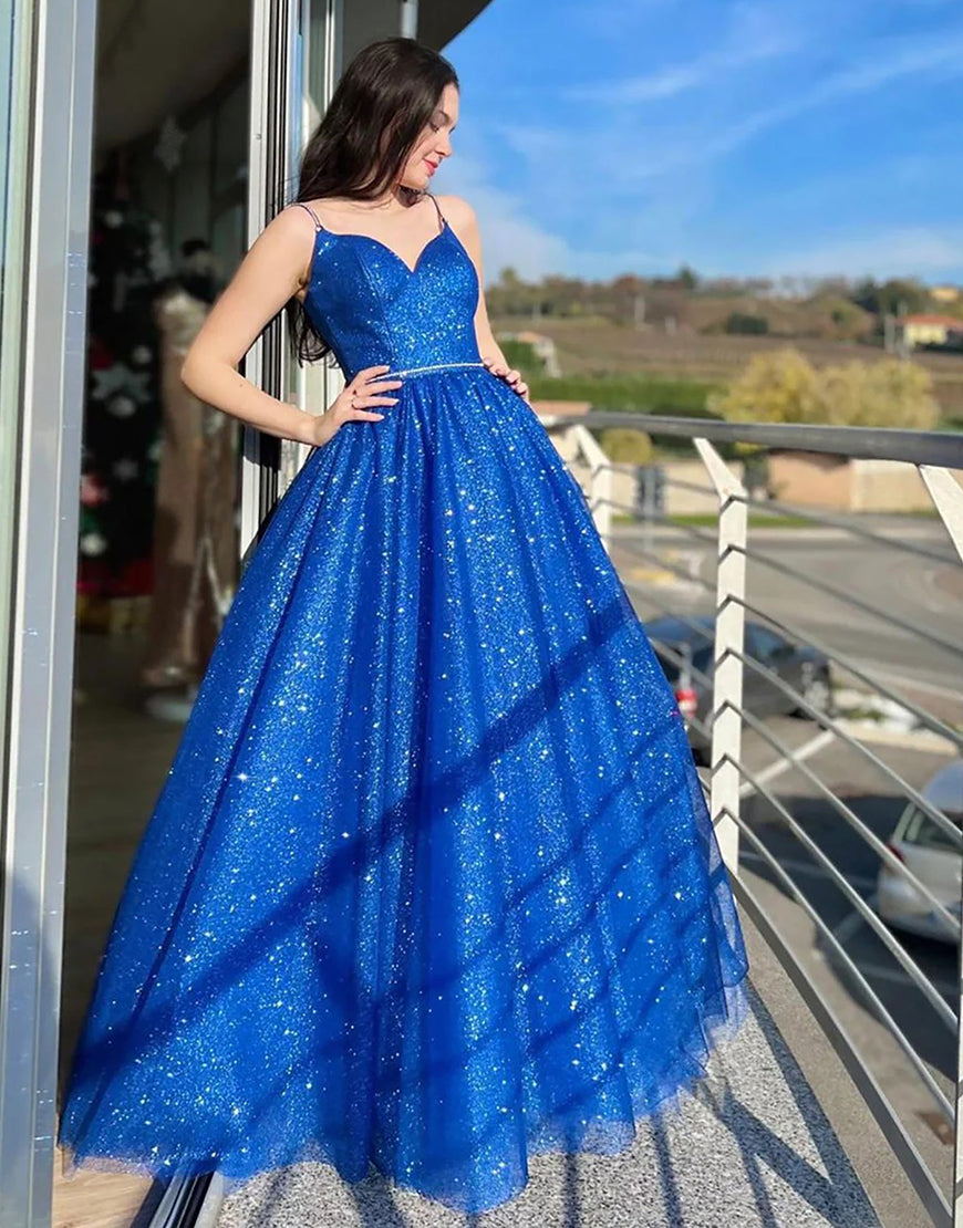 Dressystars ?Royal Blue Shiny A Line Spaghetti Straps Long Prom Dress