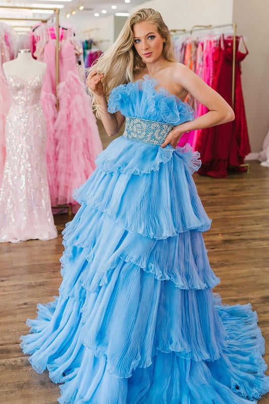 Peyton Dressystars  A Line Strapless Long Elegant Prom Dress with Ruffles